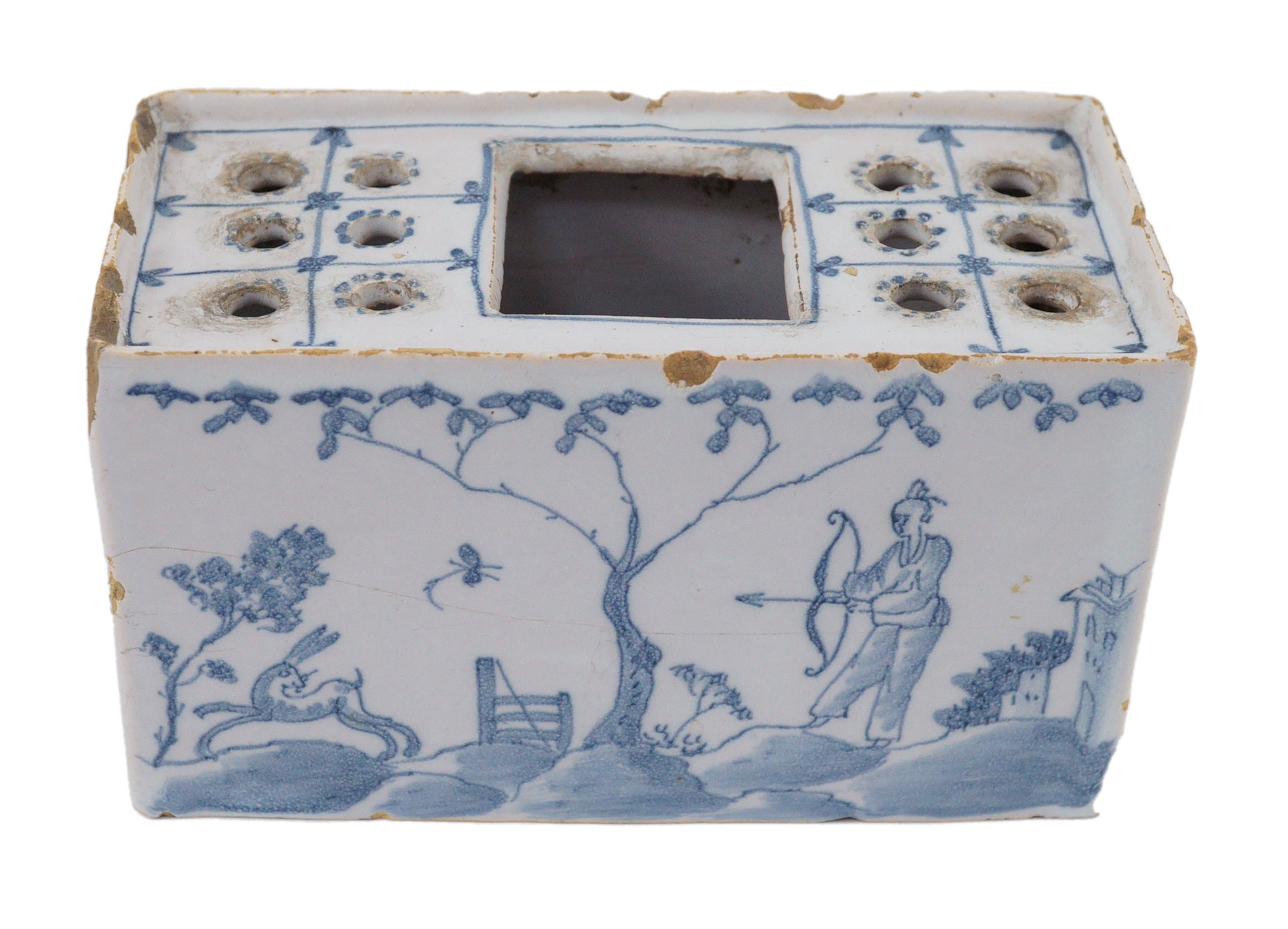 An English delftware flower brick, mid 18th century, 14.5cm wide, chips and crack